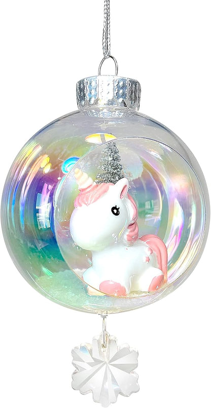 Baby Unicorn Christmas Ornament - Handmade Shatterproof Decorations for Indoor Outdoor Xmas Tree - Clear Ball Ornaments with Magnetic Crystal - Great Gift or Stocking Stuffer for Mom, Sister, Friend