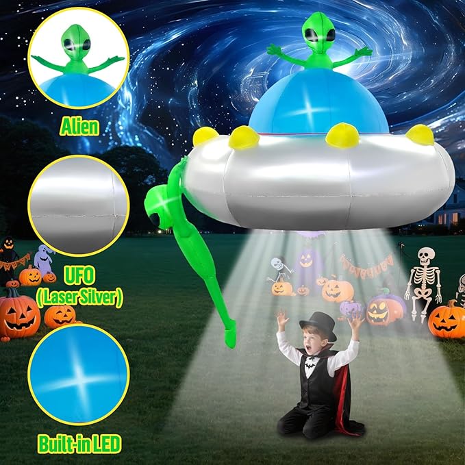 Kalolary 6FT Halloween Inflatable Hanging Alien UFO Outdoors Decoration, Blow Up Yard Decorations Scary Alien Inflatable with Build-in LED Lights for Halloween Party Garden Lawn Indoor Outdoor Decors