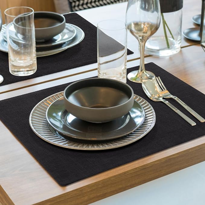 homing Black Cloth Placemats for Dining Table Set of 6 – Cotton Linen Blend Washable Farmhouse Kitchen Mats for Indoors & Outdoors - Easy to Clean 13 x 19 Inch