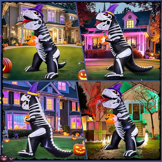 8 FT Halloween Inflatable Decoration, Built in LED Lights Blow Up Skeleton Dinosaur Holds a Pumpkin Decorations for Halloween Party, Indoor, Outdoor, Garden, Yard Lawn Décor