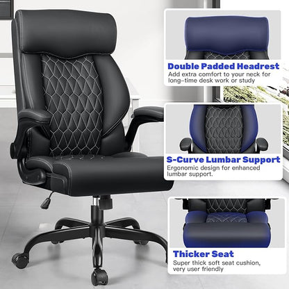 High Back Executive Office Chair - Ergonomic Computer Desk With Rocking Function, Leather Managerial With Adjustable Flip-Up Armrests and Lumbar Support