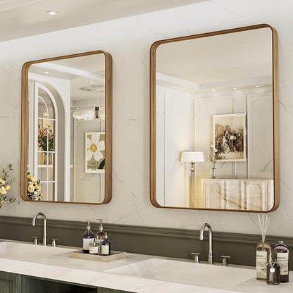 LOAAO 30X36 Inch Bathroom Mirror with Wood Grain Colored Metal Frame, Rounded Rectangle Metal Framed Bathroom Mirror, Anti-Rust, Hangs Horizontally or Vertically, Tempered Glass