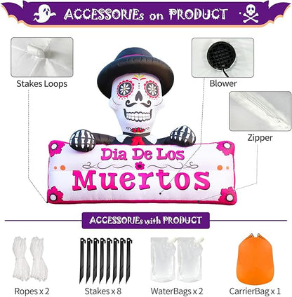 DomKom 6FT Halloween Inflatable Blow Up Decorations, Dia de Los Muertos Day of Dead Banner, Build-in LED Lights Holiday Blow Up Yard Decoration for Halloween Party Outdoor Garden Yard Lawn Decor