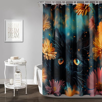 AILONEN Cute Black Cat Shower Curtain Set, Yellow Flower Kitty Cloth Shower Curtain Curtain for Bathroom,Cat Lovers Animal Shower Curtain Liner for Kids Boys Girls,72" W*72" H