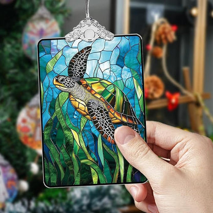 Sea Turtle Stained Glass Ornament, 2025 Christmas Tree Hanging Decoration for Gift Exchange or Stocking Stuffer, Holiday Decor, 3.8 x 2.4 Inch