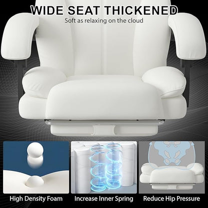 Big and Tall Office Chair, Ergonomic Leather High Back Executive Computer Chair with Retractable Footrest, Adjustable Headrest, Padded Arms, 360°Swivel Free, 90-135°Reclining, 500lbs Wide Seat, White