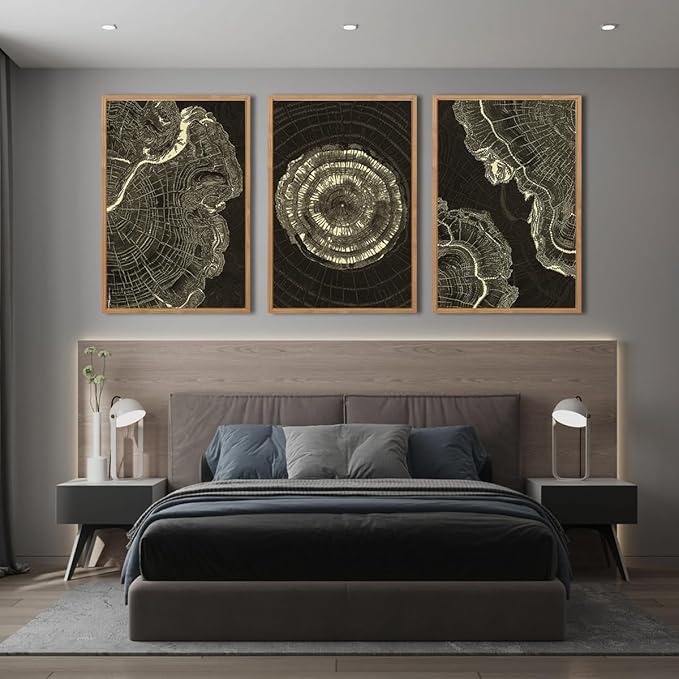 IARTTOP Tree Ring Canvas Wall Art Large Framed 24x36 Inch Black Modern Abstract Wall Decor Neutral Minimalist Wood Spiral Wall Painting for Living room Bedroom Office Set of 3