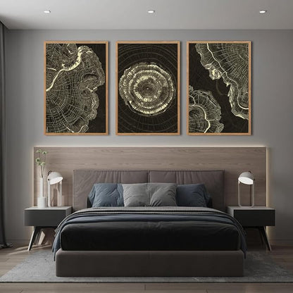 IARTTOP Tree Ring Canvas Wall Art Large Framed 24x36 Inch Black Modern Abstract Wall Decor Neutral Minimalist Wood Spiral Wall Painting for Living room Bedroom Office Set of 3