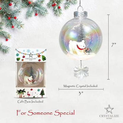 Polar Bear Christmas Ornament - Handmade Shatterproof Decorations for Indoor Outdoor Xmas Tree - Clear Ball Ornaments with Magnetic Crystal - Great Gift or Stocking Stuffer for Mom, Sister, Friend