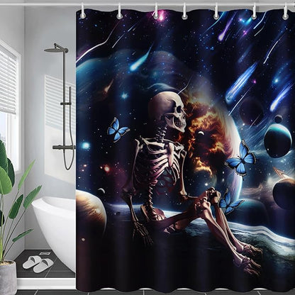 AILONEN Skull Shower Curtain for Kids,Solar System Skeleton Bath Curtain for Bathroom Decor,Galaxy Skull Polyester Waterproof with 12 Plastic Hooks for Boys Girls 72" W*78" H