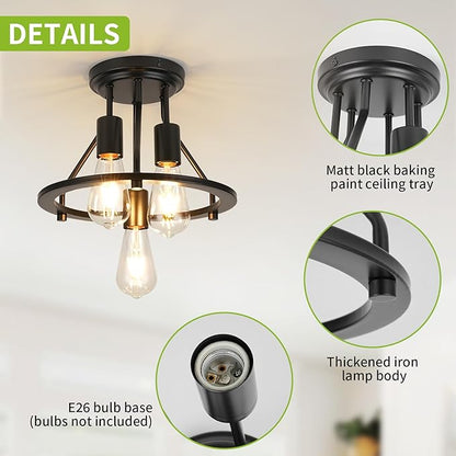 WILON Semi Flush Mount Ceiling Light 3-Light Ceiling Light Fixtures - Black Hallway Light Fixtures Farmhouse Industrial Kitchen Light Fixtures E26 Socket Ceiling Lamp for Foyer