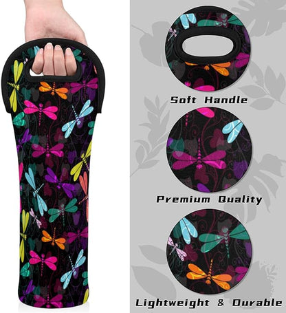 Dragonfly Ornaments Wine Gift Tote Carrier Black Purple Neoprene Wine Tote Bags Holder Cooler Wine Lover Gift