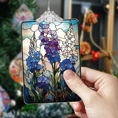 Wildflower Delphinium Stained Glass 2025 Christmas Ornament, Botanical Christmas Tree Hanging Decor for Holiday or Garden Lover Gift, 3.8 x 2.4 Inch