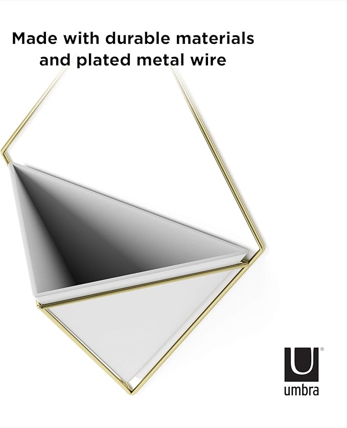 Umbra Trigg Hanging Planter Vase & Geometric Wall Decor Container - Great For Succulent Plants, Air Plant, Mini Cactus, Faux Plants and More, White Ceramic/Brass