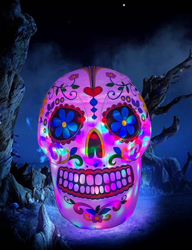 AJY 4 Feet Colorful Skull Halloween Inflatable Skull LED Lights Decor Outdoor Indoor Holiday Decorations Blow up Lighted Yard Decor Lawn Inflatable Home Garden Party Favor Decoration