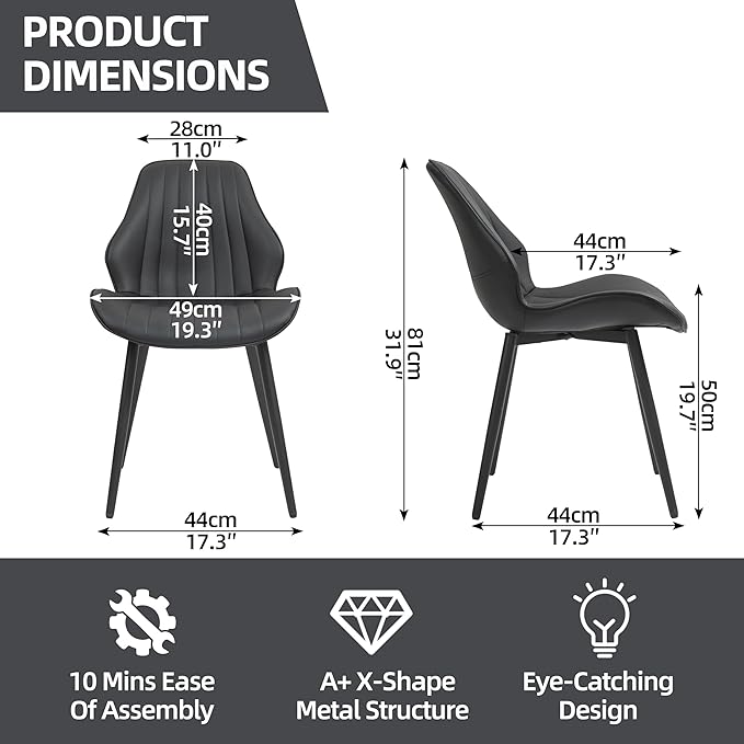 Finnhomy Dining Chairs Set of 2, Mid-Century Modern Upholstered Dining Chairs, Armless Faux Leather Accent Chairs with Backrest, Living Dining Room Chairs with Metal Legs for Dining Room, Black