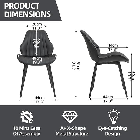 Finnhomy Dining Chairs Set of 2, Mid-Century Modern Upholstered Dining Chairs, Armless Faux Leather Accent Chairs with Backrest, Living Dining Room Chairs with Metal Legs for Dining Room, Black