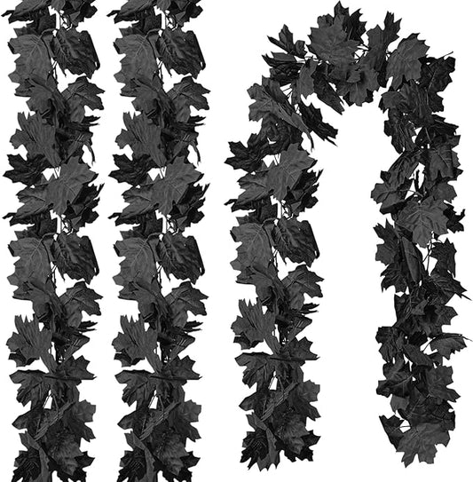 CQURE 3 Pack Black Fall Leaf Garland, Halloween Garland Hanging Vines Artificial Fall Maple Leaves Thanksgiving Decor for Home Wedding Fireplace Party
