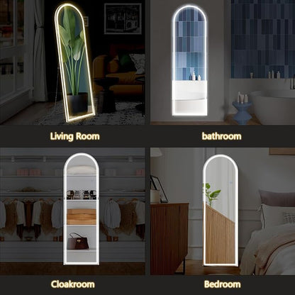 Sweetcrispy 63"x20" Mirror Full Length Standing Mirror with LED Lights, Lighted Floor Mirror with Stand, w/Dimming & 3 Color Lighting, Wall Mirror Full Length Aluminum Alloy Thin Frame, White