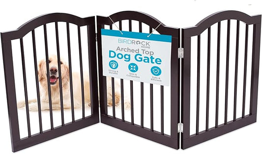 INTERNET'S BEST Arched Top Dog Gate | 3 Panel, 24" H Wooden Pet Barrier for Dogs or Cats | Freestanding Folding Room Divider for Doorways, Hallways, Stairs, and Porch | Portable, Extra Wide | Espresso