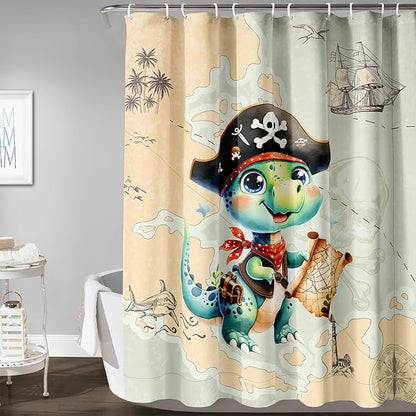 AILONEN Cute Dinosaur Shower Curtain,Ocean Map Nautical Pirate Dinosaur Bath Curtain,Boys Exploring Captain Dinosaur Decoration Kids Curtain with 12 Plastic Hooks,Waterproof 48" W*72" H