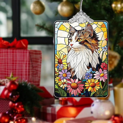 Cat in Flowers Stained Glass Ornament, 2025 Christmas Tree Hanging Decoration for Gift Exchange or Stocking Stuffer, Holiday Decor, 3.8 x 2.4 Inch