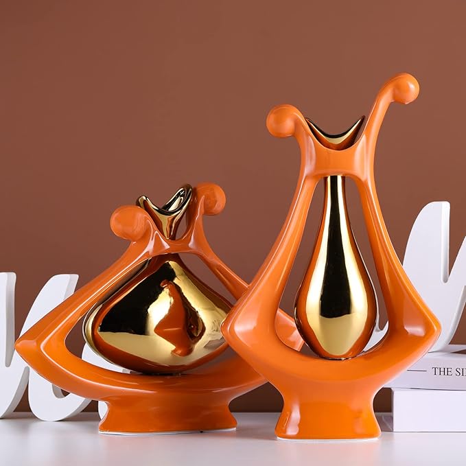 Orange Gold Abstract Art Ceramic Vases for Home Décor Accent,Nordic Modern Minimalist Vases for Flowers,Shelf,Table Centerpieces,Bookshelf,Fireplace Mantle,Rustic,Wedding,Mid Century Décor