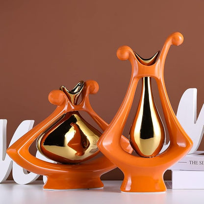 Orange Gold Abstract Art Ceramic Vases for Home Décor Accent,Nordic Modern Minimalist Vases for Flowers,Shelf,Table Centerpieces,Bookshelf,Fireplace Mantle,Rustic,Wedding,Mid Century Décor
