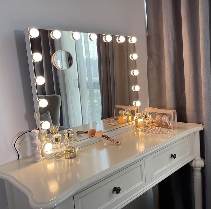 Kottova Large Vanity Mirror with Lights,24.4"x 21.2",Hollywood Vanity Makeup Mirror with 3 Color Lights, 17 LED, USB Charging Port,Detachable 10X Spot Mirror,Touch Control,White