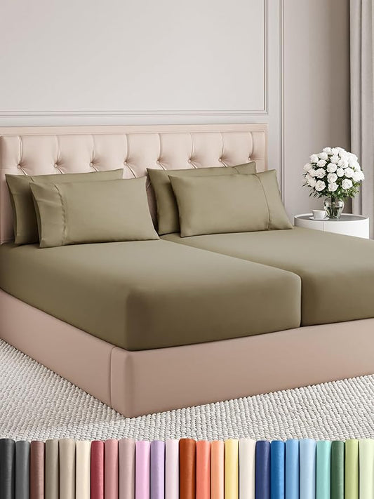 CGK Linens Split King 7 Piece Sheet Set - Cooling Sheets for Hot Sleepers - Hotel Luxury Bedding Set with 8-16 Inch Deep Pockets - 1 Flat & 2 Fitted & 4 Pillowcases - Soft & Wrinkle Free - Split King
