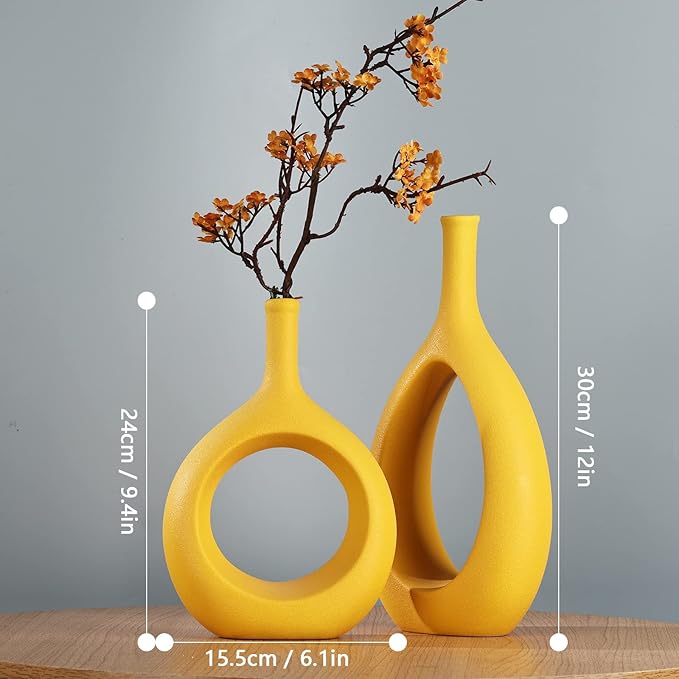 Yellow Ceramic Vase Set 2,Modern Hollow Circle with Hole Flower Vase for Home Decor,for Table Centerpieces,Farmhouse,Fire Place,Living Room,Bedroom,Office,Bookshelf,Rustic Decor