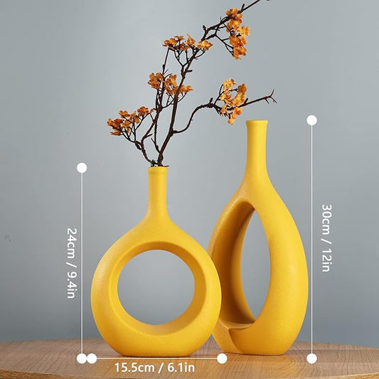 Yellow Ceramic Vase Set 2,Modern Hollow Circle with Hole Flower Vase for Home Decor,for Table Centerpieces,Farmhouse,Fire Place,Living Room,Bedroom,Office,Bookshelf,Rustic Decor