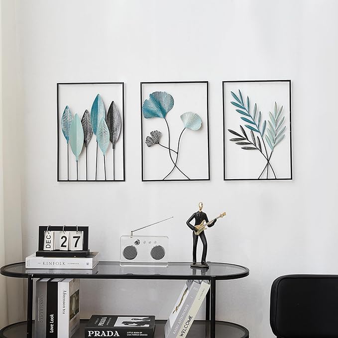 FUNTEREST Black Leaf Wall Decor Modern Wall Art Home Decor, Set of 3 Metal Wall Hanging Decoration for Living Room Office Bedroom Hotel
