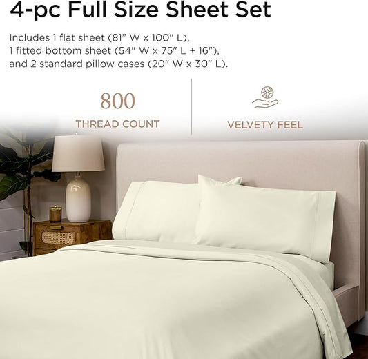 Threadmill Luxury 800 Thread Count Full Size 100% Cotton Sheets - Ivory Sateen Weave Bed-Sheets, Better Than Egyptian Cotton, 4 Pc Solid Bed Set, Fits 16" Deep Pocket