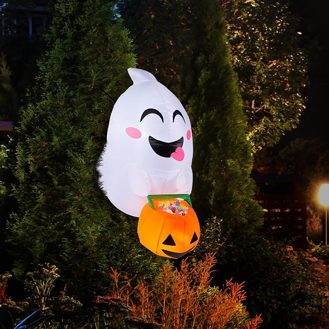 Joiedomi 4.5 ft Tall Halloween Inflatable Outdoor Decorations, Blow Up Halloween Yard Decorations Inflatable Window Ghost Decor, Blow Up Ghost with Candy Basket for Window Decor