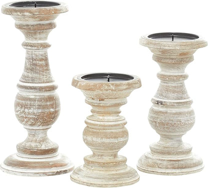 Deco 79 Mango Wood Decorative Candle Holder Turned Style Pillar Candle Stand, Set of 3 Candlestick Holder 6", 8", 10"H, Cream