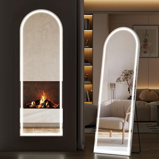 Sweetcrispy Arched Full Length Mirror with LED Lights, 60"x16" Lighted Floor Mirror with Stand, Dimming & 3 Color Lighting, Stand for Bedroom, Dressing Room