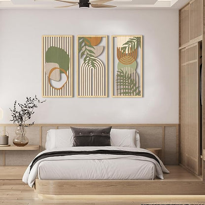 IARTTOP Large Sage Green Abstract Boho Wall Art Set Of 3 Geometric Wood Wall Art Mid Century Modern Artwork Neutral Bohemian Wall Decor for Living Room Bedroom Office-16 x 32 Inch