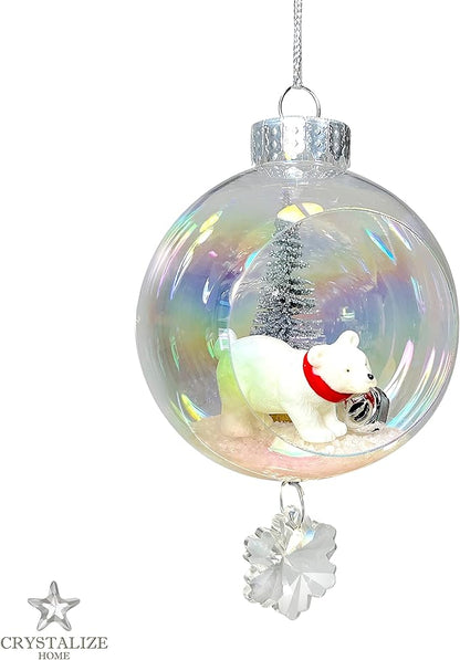 Polar Bear Christmas Ornament - Handmade Shatterproof Decorations for Indoor Outdoor Xmas Tree - Clear Ball Ornaments with Magnetic Crystal - Great Gift or Stocking Stuffer for Mom, Sister, Friend