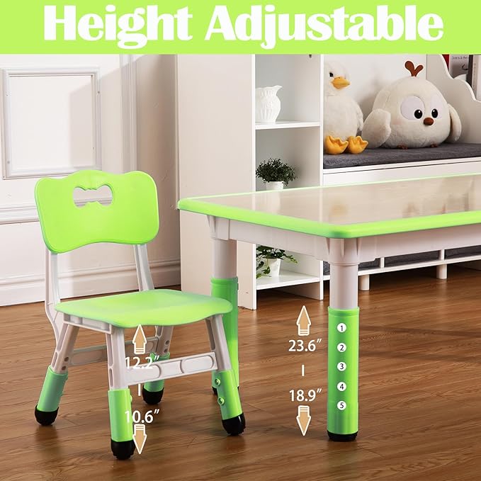 Kids Table and 6 Chair Set - Height Adjustable, Multifunctional Desk, Ergonomically Designed Chairs, Max 300lbs, for Ages 2-10, Classroom, Daycares, Home
