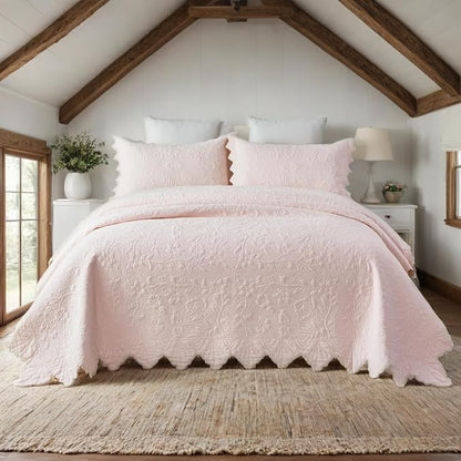 Brandream Queen Size Quilt Set Cotton Light Pink Quilts Farmhouse Bedding Set Matelasse Coverlet Set Scalloped Edge Quilts 3-Piece
