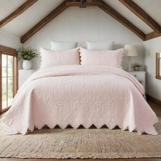 Brandream Queen Size Quilt Set Cotton Light Pink Quilts Farmhouse Bedding Set Matelasse Coverlet Set Scalloped Edge Quilts 3-Piece