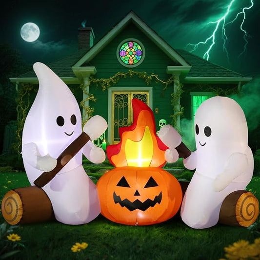 6FT Halloween Inflatable Blow Up Decorations, Cute Ghosts Roasting Marshmallows Over Campfire, Built-in LEDs for Holiday Party, Garden, Lawn, Yard, Patio Décor