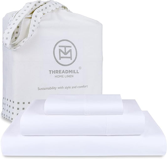 Threadmill Luxury 800 Thread Count Twin 100% Cotton Sheets - Hotel White Sateen Weave Bed-Sheets, Better Than Egyptian Cotton,3 Pc Solid Soft Bedding Set, Fits 15" Deep Pocket