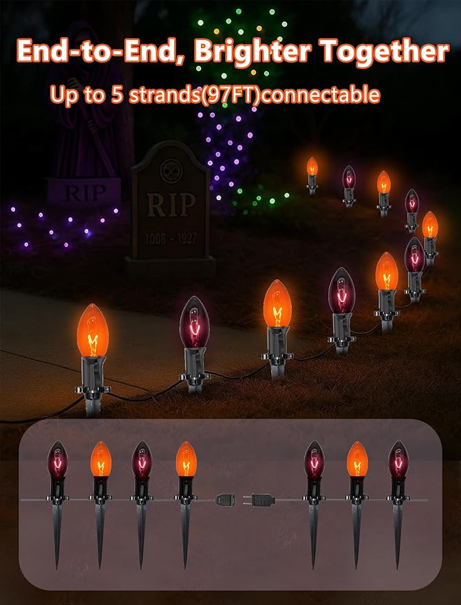 Halloween Pathway Lights Outdoor,10 Pack Halloween Party Decor Stake Lights with C9 Clear Black&Orange Bulbs,19.5Ft Extendable Waterproof Walkway Lights for Yard Porch Lawn Garden