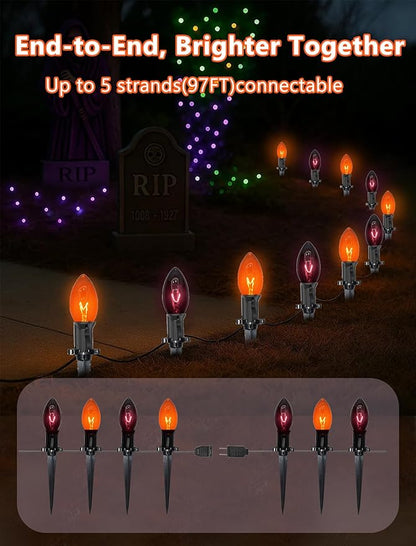 Halloween Pathway Lights Outdoor,10 Pack Halloween Party Decor Stake Lights with C9 Clear Black&Orange Bulbs,19.5Ft Extendable Waterproof Walkway Lights for Yard Porch Lawn Garden