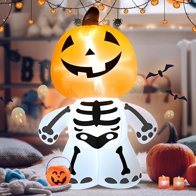 TRMESIA 4FT Halloween Inflatable Decoration,Outdoor Yard Blow up Decorations with Lights,Pumpkin Skeletons Inflatables Halloween Decor 24HLW-03-02