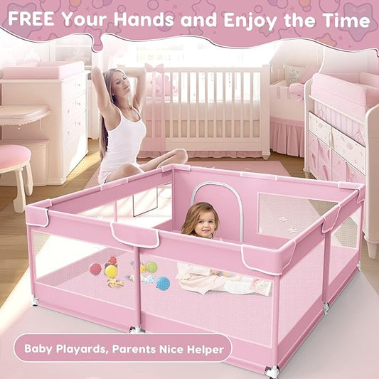Baby Playpen, Baby Playard for Babies and Toddlers, BabyFence Play Pens for Indoor & Outdoor, Sturdy Safety Play Yard with Soft Breathable Mesh, Anti-Fall, 50 * 50 * 27 inches, Pink