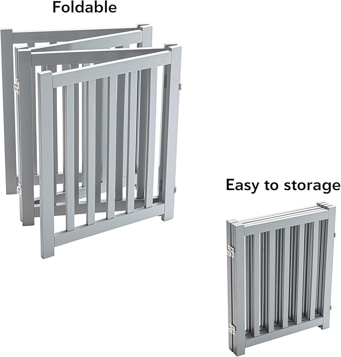 LZRS 4-Panel Wooden Free Standing Foldable Dog Gate – 24" High, Extra Wide Step-Over Safety Pet Gate for Doorways, Stairs, Hallways, Large Spaces & Playpen for Puppies Indoor Use, Grey