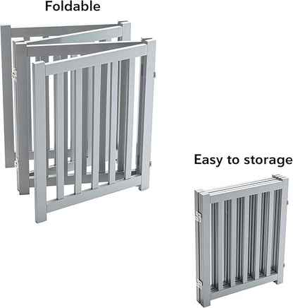 LZRS 4-Panel Wooden Free Standing Foldable Dog Gate – 24" High, Extra Wide Step-Over Safety Pet Gate for Doorways, Stairs, Hallways, Large Spaces & Playpen for Puppies Indoor Use, Grey